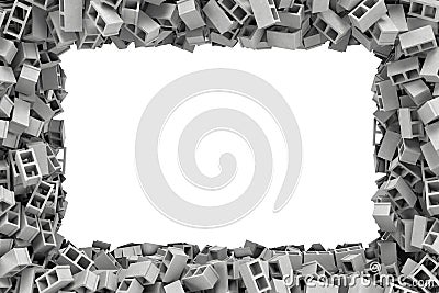 Rendering rectangular frame made of gray cinder blocks lying at the edges with white empty space in the middle. Stock Photo