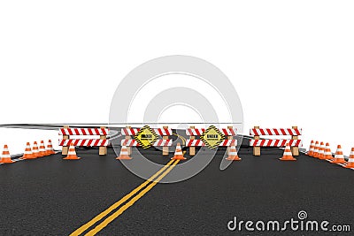 Rendering of road closed with barriers, traffic cones and caution signs due to roadworks diversion. Stock Photo