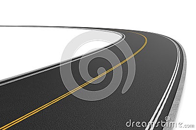Rendering of two-way road bending to the left on white background. Stock Photo