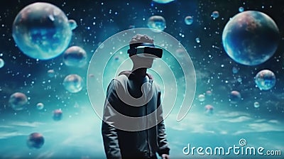 A rendering of the user in a spaceship fighting against enemies in a virtual reality simulation of space combat. It represents the Stock Photo