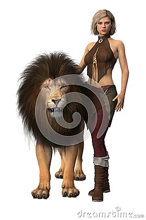 CGI beautiful woman in fantasy style costume standing next to an adult male lion Cartoon Illustration