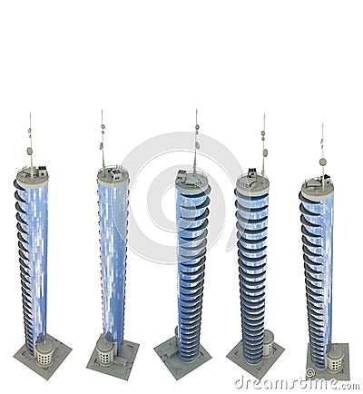 5 renders of fictional design skyscrapers with balconies with blue cloudy sky reflection - isolated, view from above 3d Cartoon Illustration