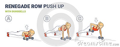 Renegade Row Push-Up Exercise Guide in 3 Steps Vector Illustration