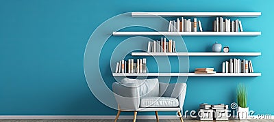 Renew blue scandinavian interior with modern sofa, chair, and bookshelf against blue wall. Stock Photo