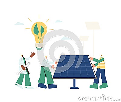 Renewable alternative electricity. Solar panels installing. Field service technicians workers, architect, mechanical engineer and Vector Illustration