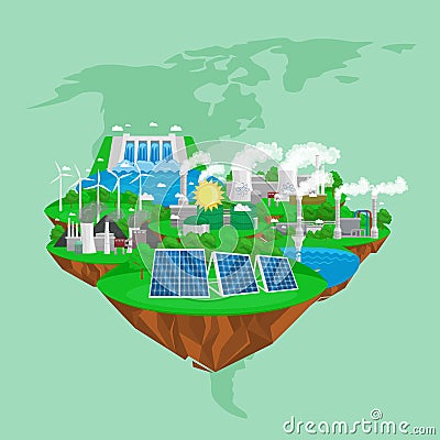 Renewable ecology energy icons, green city power alternative resources concept, environment save new technology, solar Vector Illustration