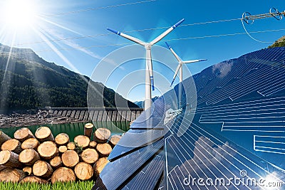 Renewable Energies - Wind Solar Biomass Hydropower Stock Photo