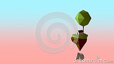 Renewable energy concept. Cartoony tree and house on polygonal island rotating over blue-pink background, living off the Stock Photo