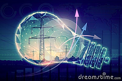 Renewable energy concept. Glowing symbolic light bulb and power transmission lines. Ascending arrows. Increasing Stock Photo