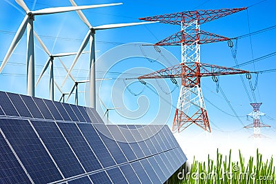 Renewable energy concept with grid connections solar panels and wind turbines Stock Photo