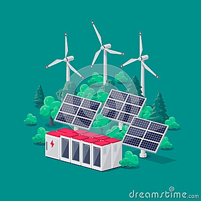 Renewable Energy Smart Grid Power Station with Solar Wind and Battery Storage Vector Illustration