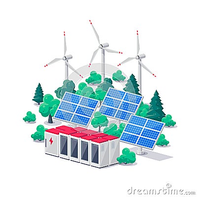 Renewable Energy Smart Grid Power Station with Solar Wind and Battery Storage Vector Illustration