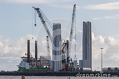 Renewable energy industry investment. Wind turbine construction and transport Stock Photo