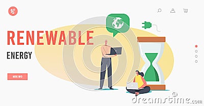 Renewable Energy Landing Page Template. Tiny Business People at Huge Hourglass with Green Sand and Earth Globe Vector Illustration