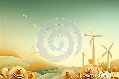 Renewable Energy Paper Art. Green Wind Turbines for Achieving Carbon Neutrality by 2050 Stock Photo