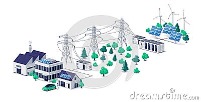 Power distribution transmission of renewable electricity solar energy grid with buildings Vector Illustration