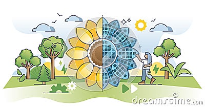 Renewable energy sources with solar electricity panels outline concept Vector Illustration