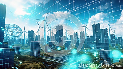 Renewable energy sources, solar panels, wind turbines, and a clean energy grid in a city Stock Photo