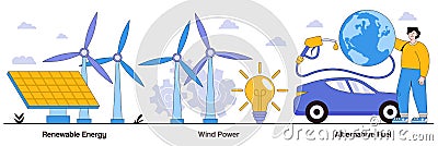 Renewable energy, wind power, alternative fuel concept with people character. Clean energy vector illustration set. Solar panels, Cartoon Illustration