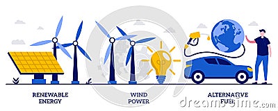 Renewable energy, wind power, alternative fuel concept with tiny people. Clean energy vector illustration set. Solar panels, green Cartoon Illustration