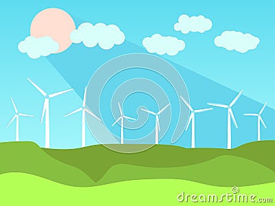 Renewable energy. Windmills and green fields landscape. Summer sunny weather. Wind generators green energy. Vector Vector Illustration
