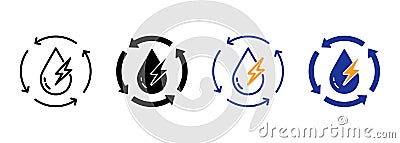 Renewable Hydropower, Waterdrop with Lightning and Arrows Line and Silhouette Icon Set. Hydroelectric Eco Green Energy Vector Illustration