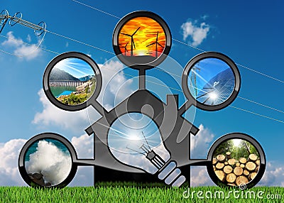 Renewable Resources and House with Light Bulb Cartoon Illustration