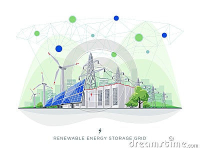 Renewable Solar and Wind Energy Battery Storage Smart Grid System with Power Lines Vector Illustration