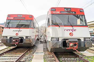 RENFE locomotive carriage stopped at the Abando Idalecio Prieto railway station. Editorial Stock Photo