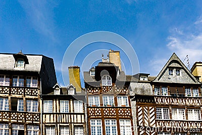 Half-timbered houses on the Place des Lices Square in the historic old town of Rennes in Brittany Editorial Stock Photo