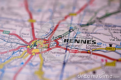 Rennes on map Stock Photo