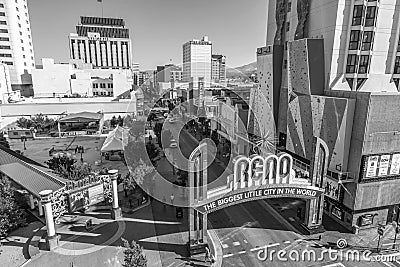 The Reno Arch in Reno, Nevada. The original arch was built in 1926 to commemorate the completion of the Lincoln and Victory Editorial Stock Photo