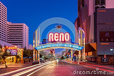 Reno Arch Welcome Sign in Reno Nevada at Dusk Editorial Stock Photo