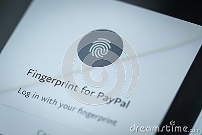 RENO, NV - January 16, 2019: PayPal Android App on Galaxy Screen. PayPal is a payment service you can login with your fingerprint Editorial Stock Photo