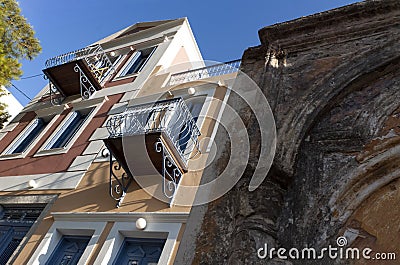 Neoclassical houses on the Greek island of Symi Stock Photo