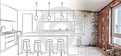 Renovation concept drawing of a kitchen plan merge with interior photo Stock Photo