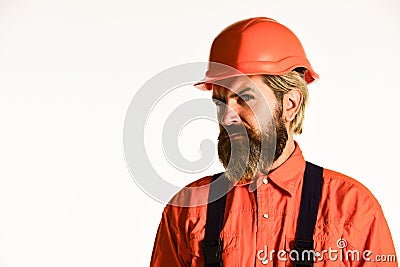 Renovation concept. Mechanic perform technical work. Bearded mature man in uniform. Reputation of excellent worker Stock Photo