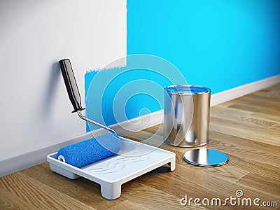 Renovation concept - Paint roller brush, paint can Stock Photo