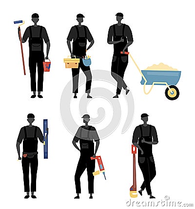 Renovation And Construction Team. Set of Construction Engineers and Builders Silhouettes in Robe with Building Equipment Vector Illustration