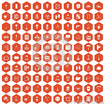 100 renovation icons hexagon orange Vector Illustration