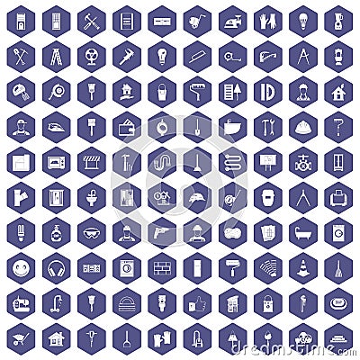 100 renovation icons hexagon purple Vector Illustration