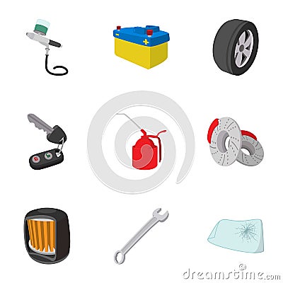 Renovation for machine icons set, cartoon style Vector Illustration