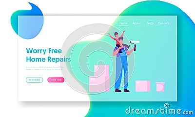 Renovation and Overhaul House Interior Website Landing Page. Father and Little Son Coloring Wall with Paint Rollers Vector Illustration