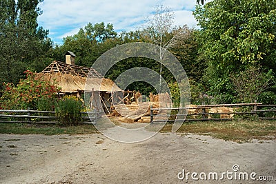 Renovation of the thatched roof in the Ukrainian village. Kiev Stock Photo