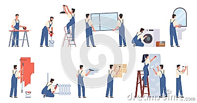 Renovation workers service. People in uniform making repairs house, men and women paint wall, glue wallpaper in room, lay tile, Vector Illustration