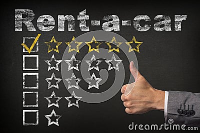 Rent-a-car five 5 star rating. thumbs up service golden rating stars on chalkboard Stock Photo