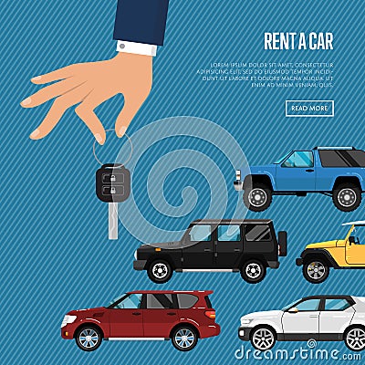 Rent a car poster with hand holding auto key Vector Illustration