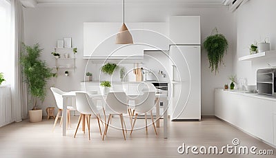 Rent of modern housing sale of new apartment, modern renovation. White furniture with utensils, shelves with crockery and plants Stock Photo