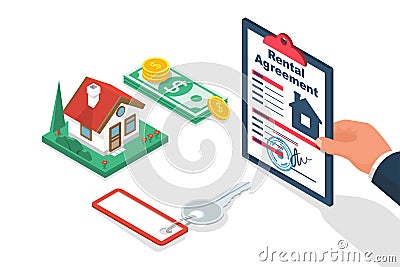 Rental agreement. Real estate contract. Signature on the document. Vector Illustration
