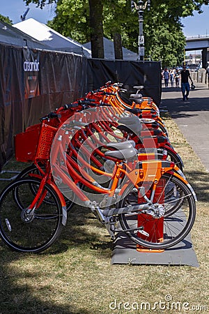 Rental Bikes next to the Willamette River in Portland Oregon Editorial Stock Photo